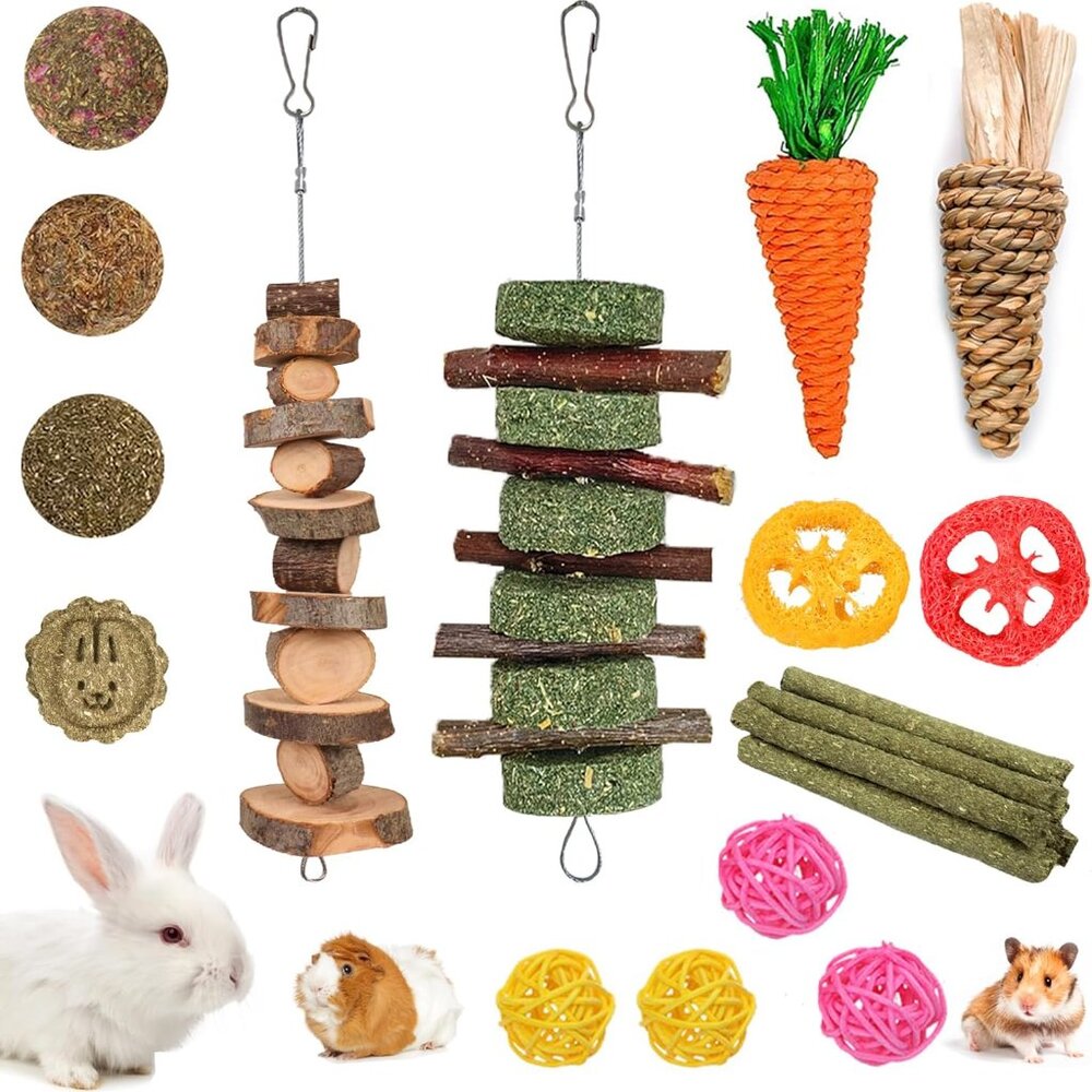 20 PCS Bunny Chew Toys for Teeth, Natural Rabbit Toys Apple Wood Grass Timothy S